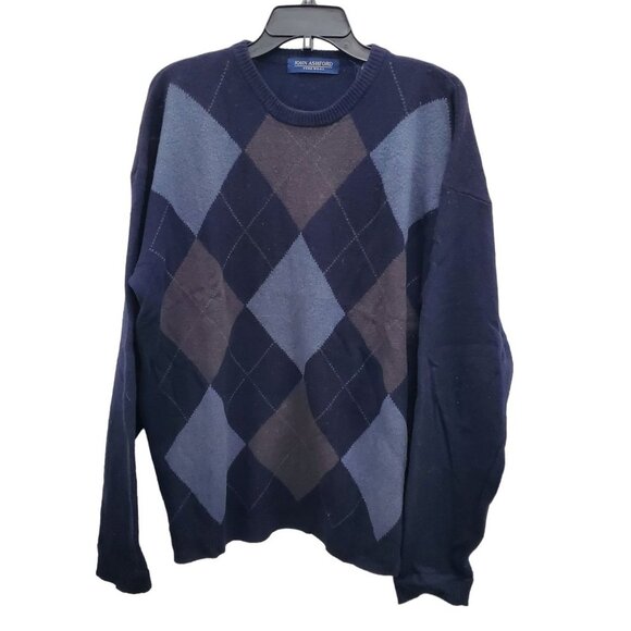 John Ashford Men's Navy Vintage Pure Wool Argyle Preppy Crewneck Sweater‎ Size L - Picture 1 of 6